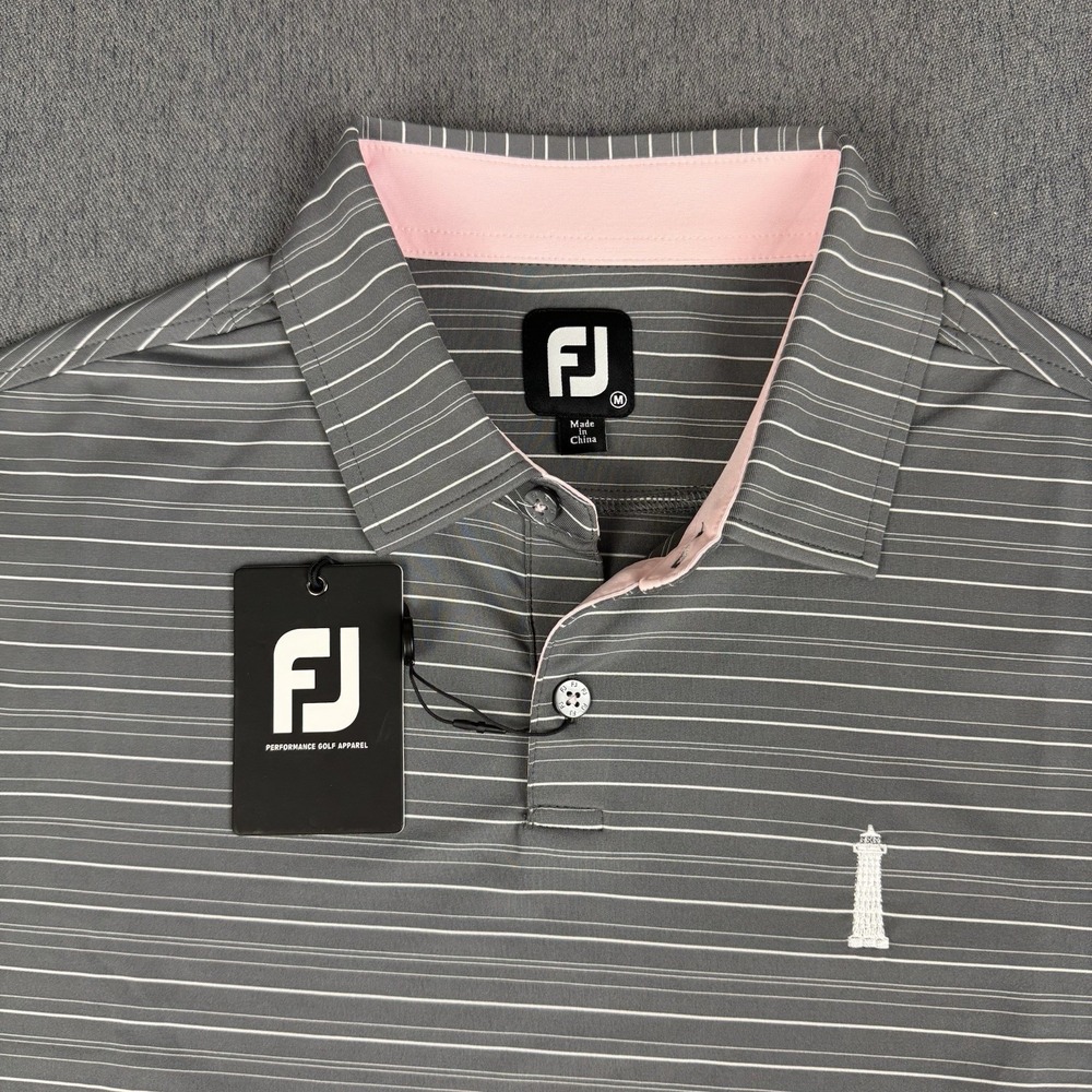 FootJoy Golf Polo Men M Gray Pink Stripe Lighthouse Performance Stretch NWT